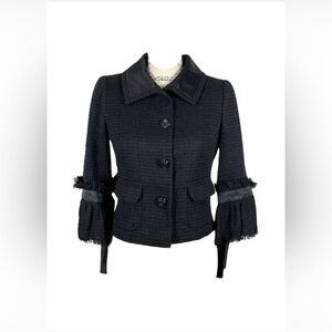 Chanel New CC Camellia Buttons Black Tweed Double Breasted Jacket size 44